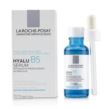 Frasco de 30 ml con cuentagotas de La Roche Posay Hyalu B5 Serum, tratamiento antiedad con 4 tipos de ácido hialurónico para hidratar y rellenar la piel.