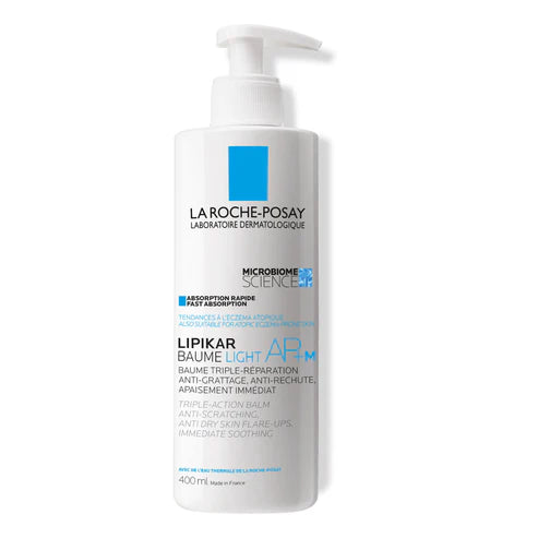 La Roche Posay Lipikar Baume Light bálsamo corporal hidratante ligero 400ml con dosificador para pieles secas y sensibles de bebés, niños y adultos