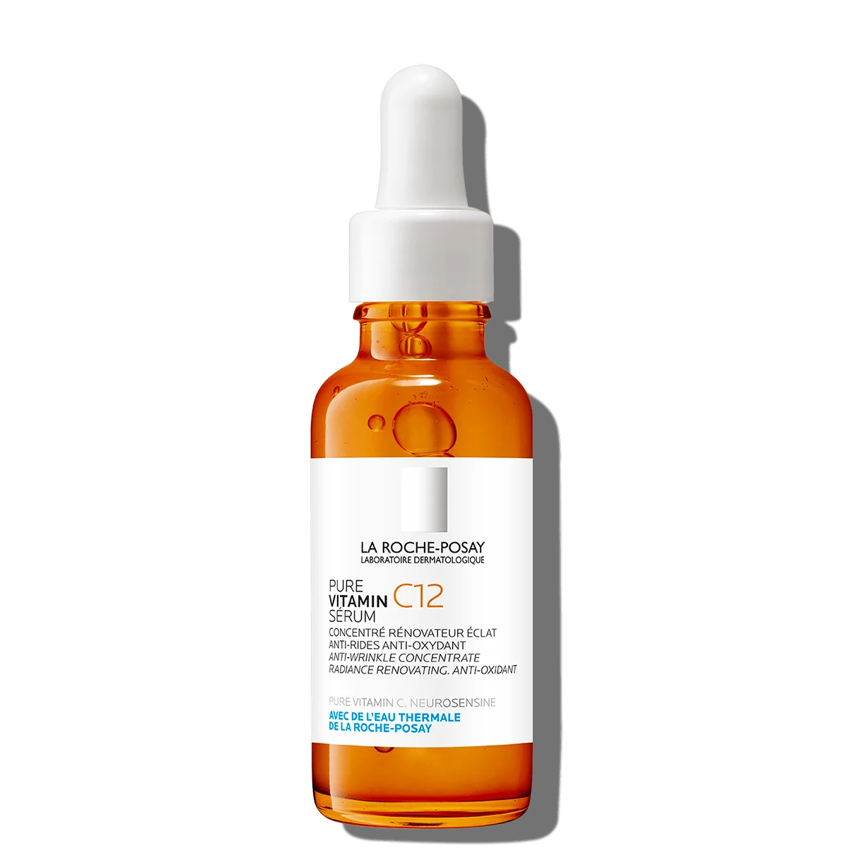 Frasco de 30 ml de La Roche Posay Pure Vitamin C12 Serum, tratamiento antioxidante con vitamina C pura para corregir arrugas y mejorar la luminosidad.