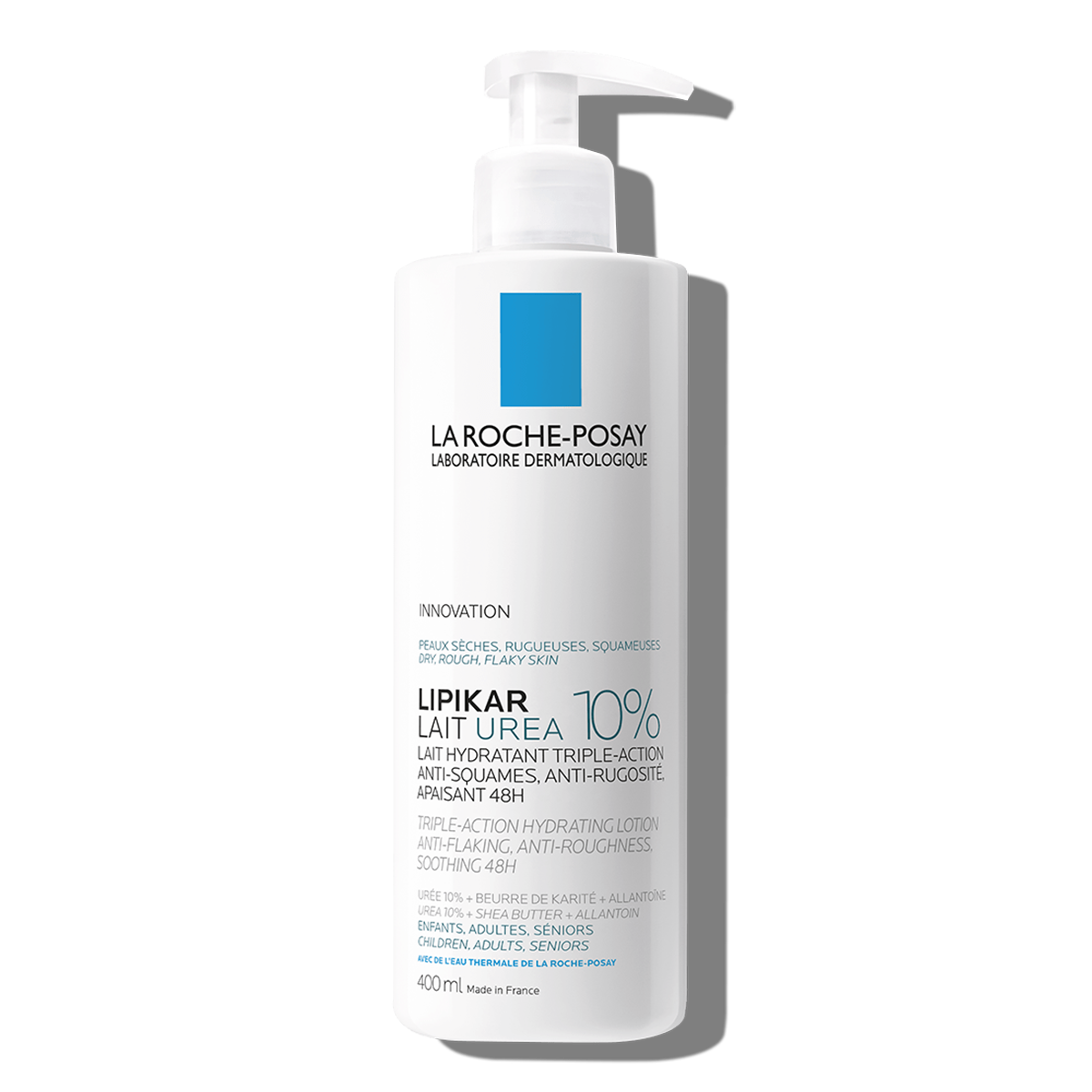 La Roche Posay Lipikar Urea 10% leche corporal hidratante para piel seca y áspera, con dosificador 400ml.