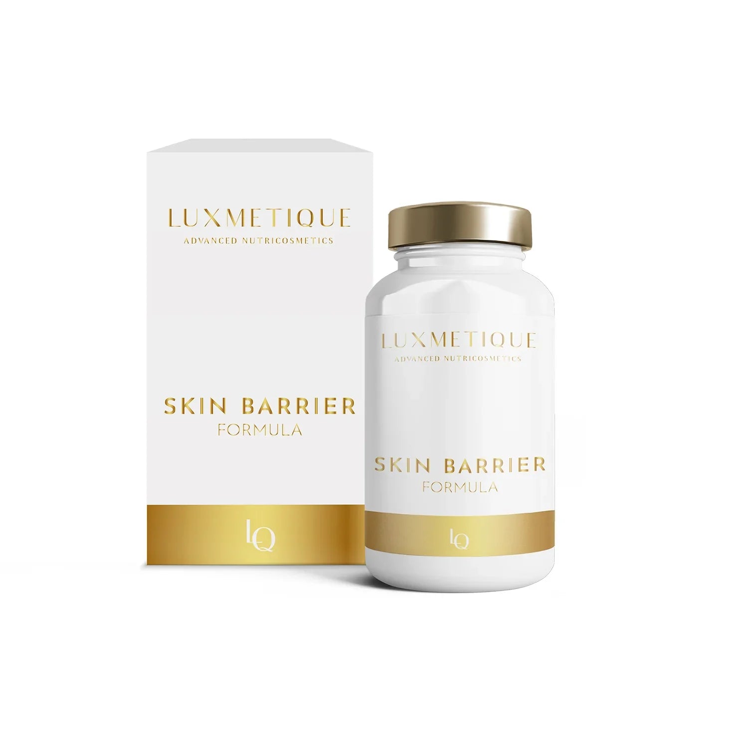 Envase de 60 cápsulas de Luxmetique Skin Barrier Formula, nutricosmético avanzado con probióticos Synbalance y Actilight para el equilibrio de la piel.