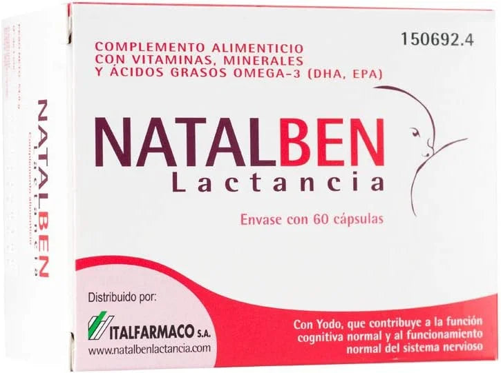 Natalben Lactancia 60 cápsulas, complemento nutricional para madres lactantes con DHA y vitaminas.
