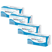 Pack de 4 envases de Natalben Supra 30 cápsulas, complemento alimenticio con DHA, ácido fólico y vitaminas para el cuidado integral durante el embarazo.