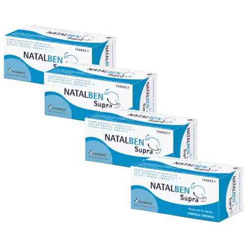 Pack de 4 envases de Natalben Supra 30 cápsulas, complemento alimenticio con DHA, ácido fólico y vitaminas para el cuidado integral durante el embarazo.