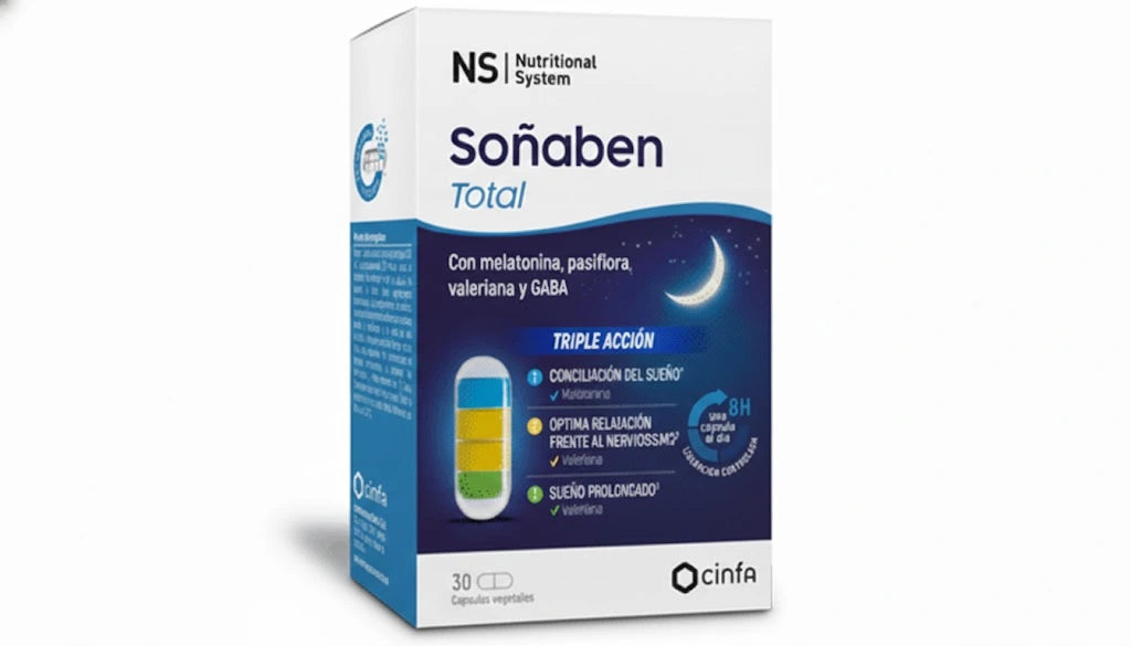 Cápsulas Ns Soñaben Total con tecnología Effycaps de liberación controlada para ayudar a conciliar el sueño y mejorar el descanso reparador.