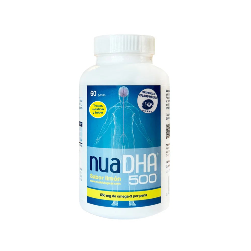 Envase de NuaDHA 500 mg con 60 perlas masticables sabor limón y certificación IFOS 5 estrellas.