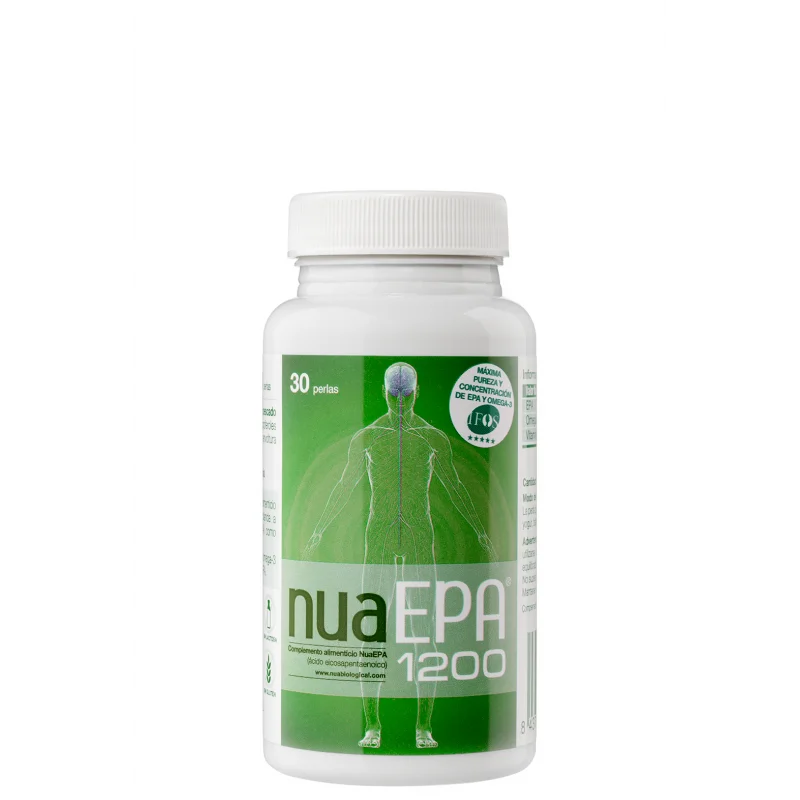 Envase de NuaEPA 1200 con 30 perlas de aceite de pescado concentrado para reducir triglicéridos y colesterol.