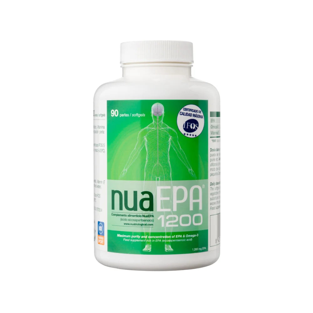 Envase de NuaEPA 1200 con 90 perlas de aceite de pescado concentrado para reducir triglicéridos y colesterol.