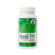 Envase de NuaEPA 450 con 90 perlas de concentrado de Omega-3 rico en EPA para salud cardiovascular.