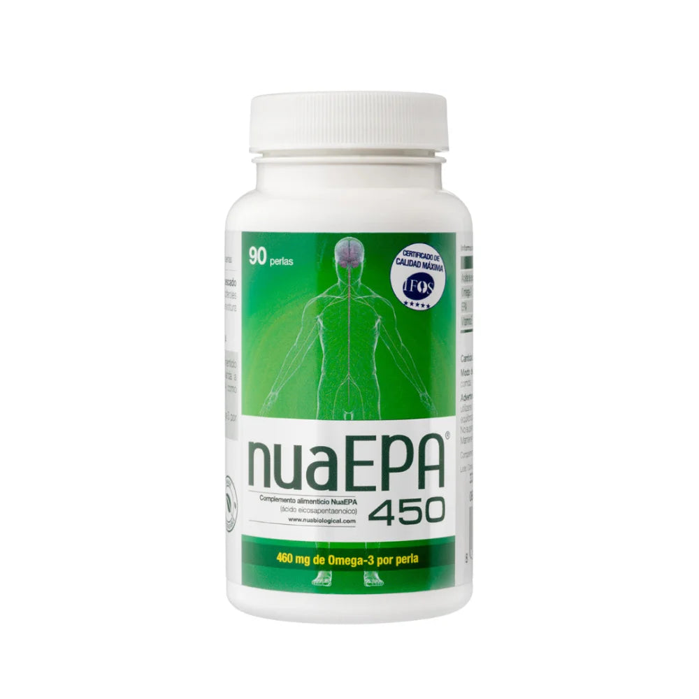 Envase de NuaEPA 450 con 90 perlas de concentrado de Omega-3 rico en EPA para salud cardiovascular.