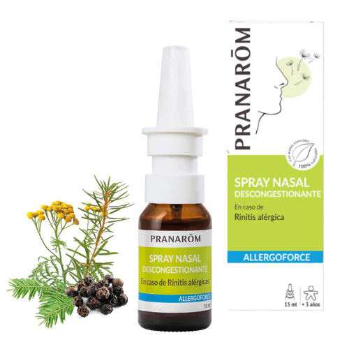 Spray nasal Allergoforce de Pranarom para la descongestión nasal por rinitis alérgica con aceites esenciales ecológicos.