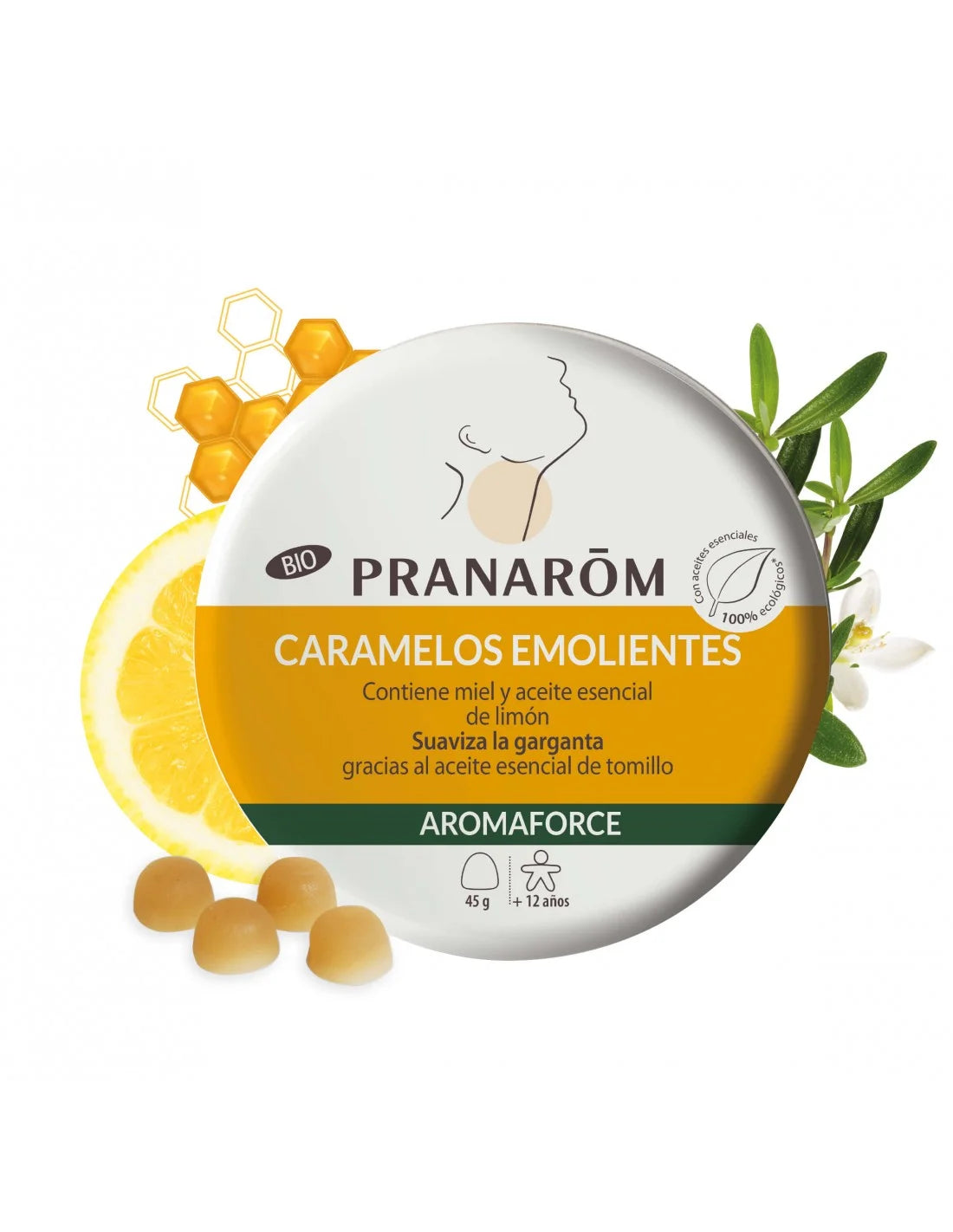 Caramelos emolientes Pranarom Aromaforce de miel y limón para suavizar la garganta y despejar las vías respiratorias.