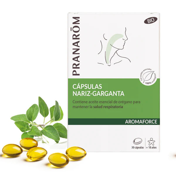 Cápsulas Pranarom Aromaforce para el bienestar de nariz y garganta con aceites esenciales ecológicos para las vías respiratorias.