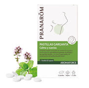 Pastillas calmantes Pranarom Aromaforce con aceites esenciales orgánicos de menta, clavo y laurel para aliviar la garganta y reforzar las defensas.