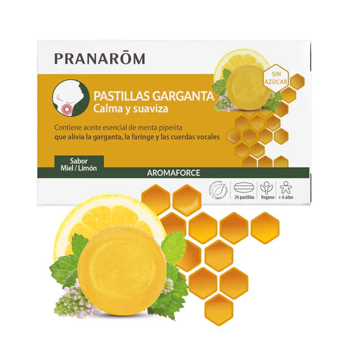 Pastillas para la garganta Pranarom Aromaforce sabor miel y limón con aceite esencial de menta piperita para aliviar faringe y cuerdas vocales.