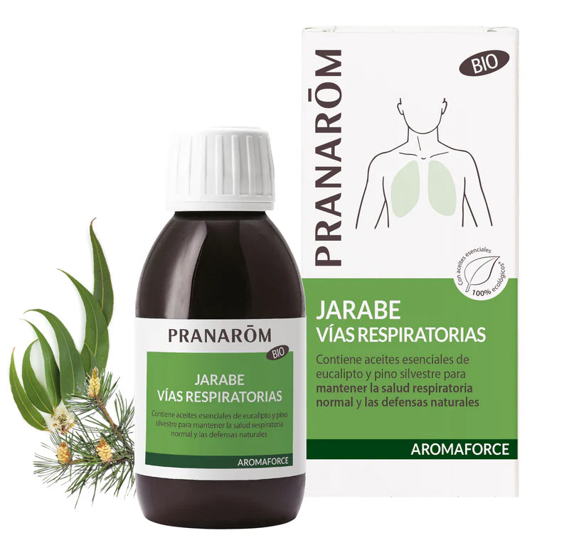 Jarabe Pranarom Vías Respiratorias de 150 ml con aceites esenciales para calmar la irritación de garganta y mejorar la salud pulmonar.