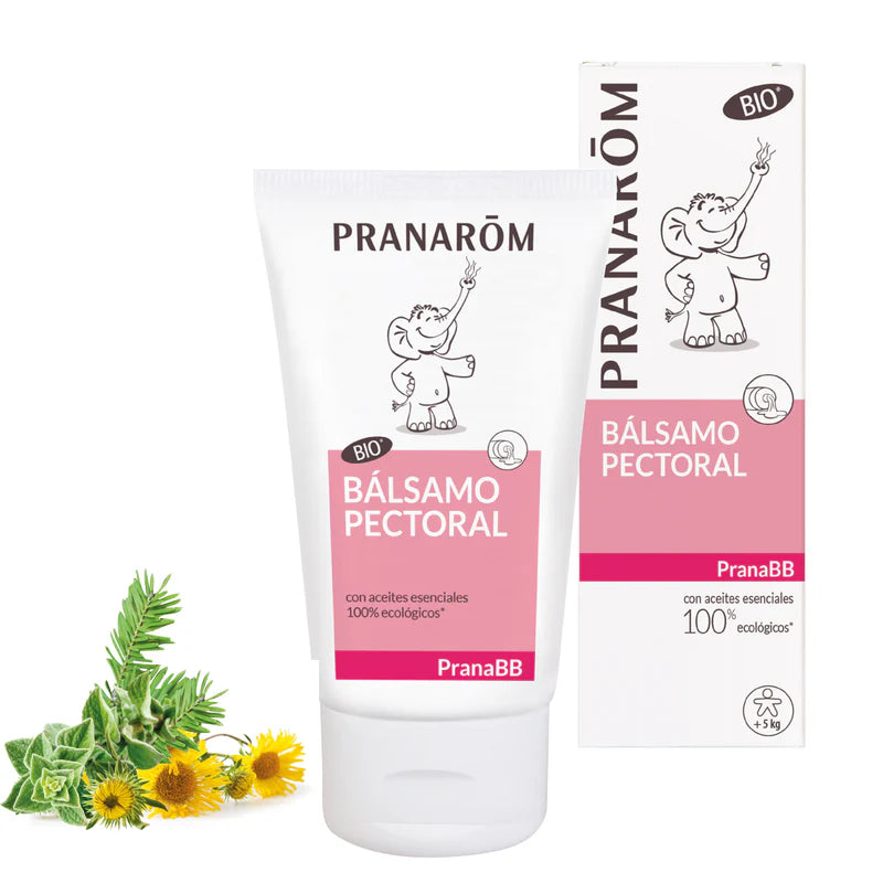Bálsamo pectoral Pranarom PranaBB para bebés a partir de 5 kg, formulado con aceites esenciales para facilitar la respiración y calmar mediante masaje.