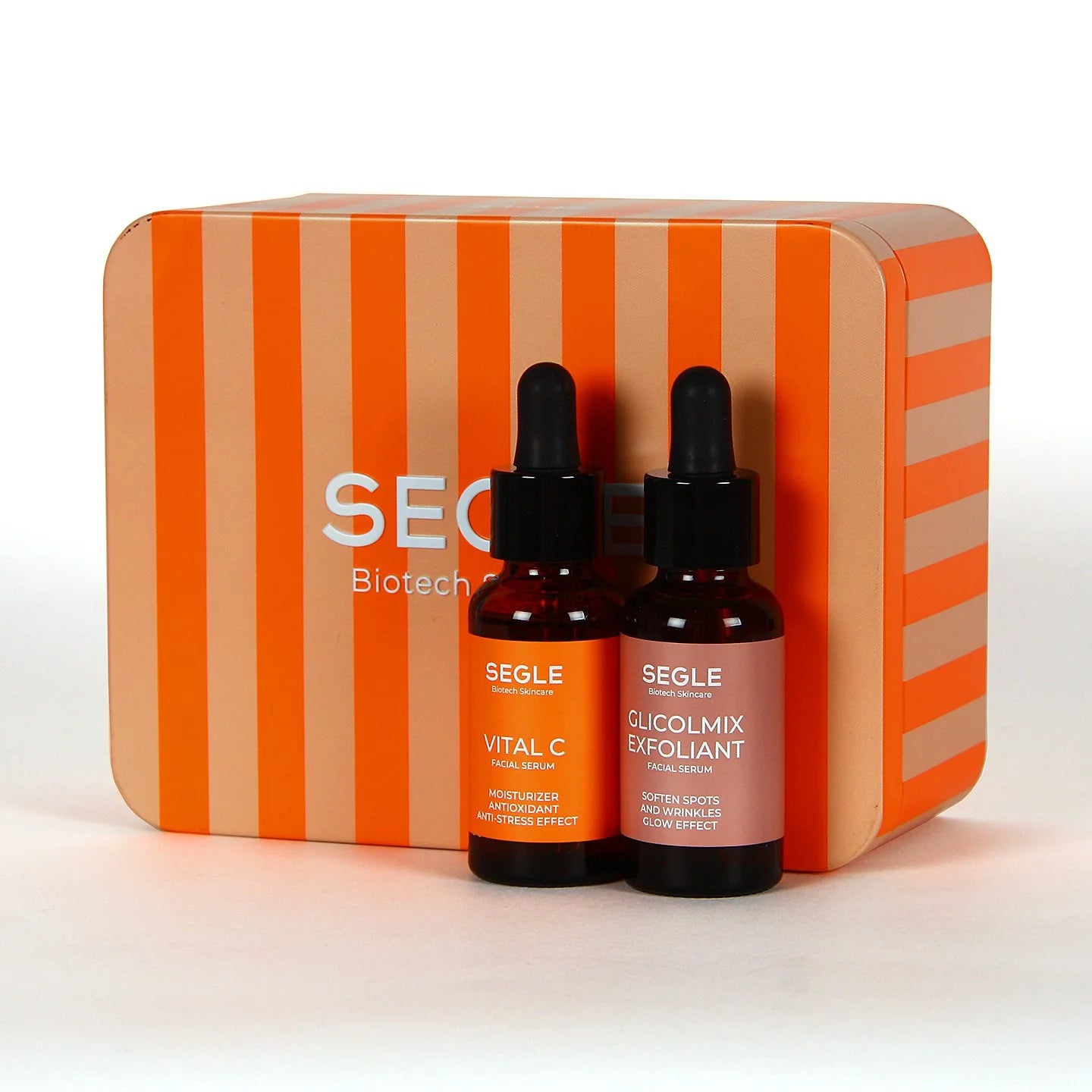 Pack de sérums Segle Glow Skin con Vital C e Glicolmix, mostrando dos envases de 30ml con cuentagotas.