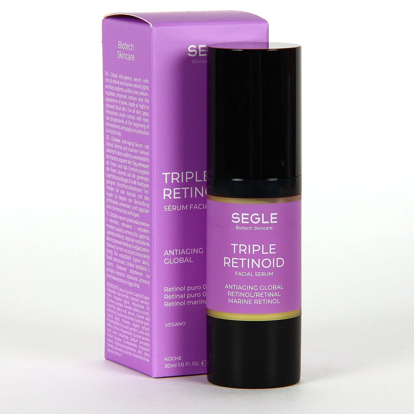Frasco de Segle Triple Retinoid Serum con dosificador para tratamiento facial nocturno antiedad global.