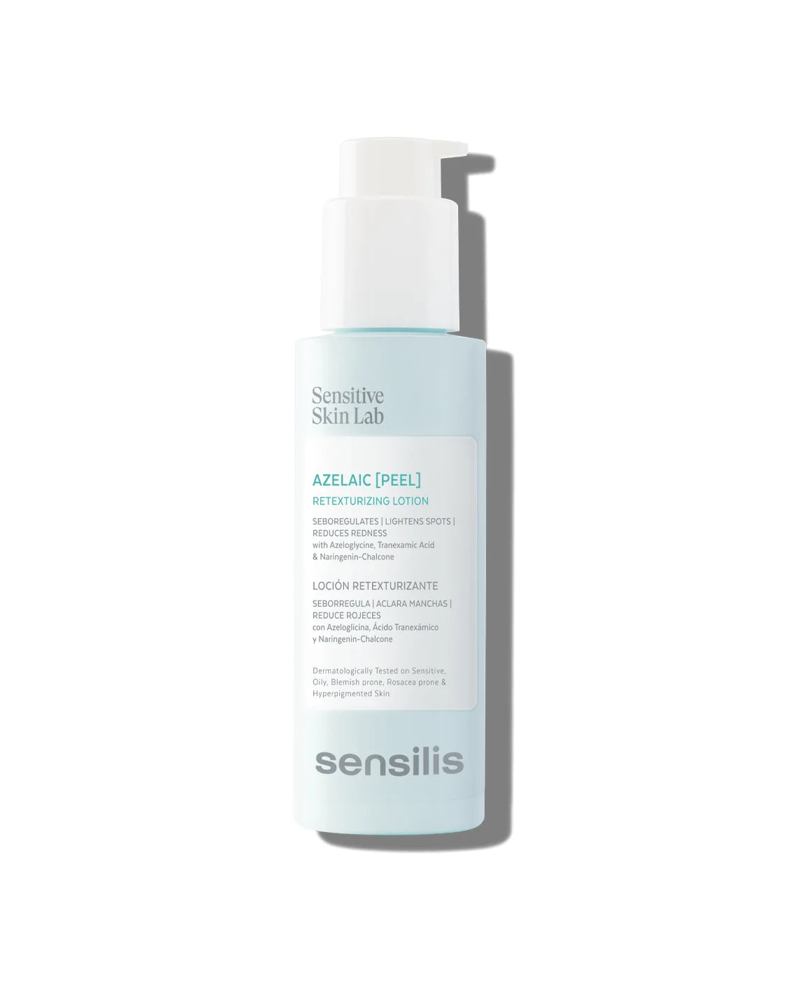 Frasco de 100 ml de Sensilis Azelaic Peel, loción gelificada con ácido azelaico para el control de grasa, manchas y rojeces en pieles sensibles.