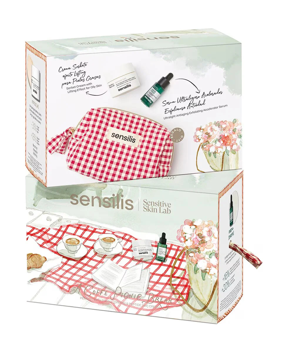Caja del pack Sensilis Peptides AR con crema sorbete de 50 ml, sérum exfoliante Prep4+ Drops de 14 ml y neceser, tratamiento reafirmante y renovador para pieles sensibles.
