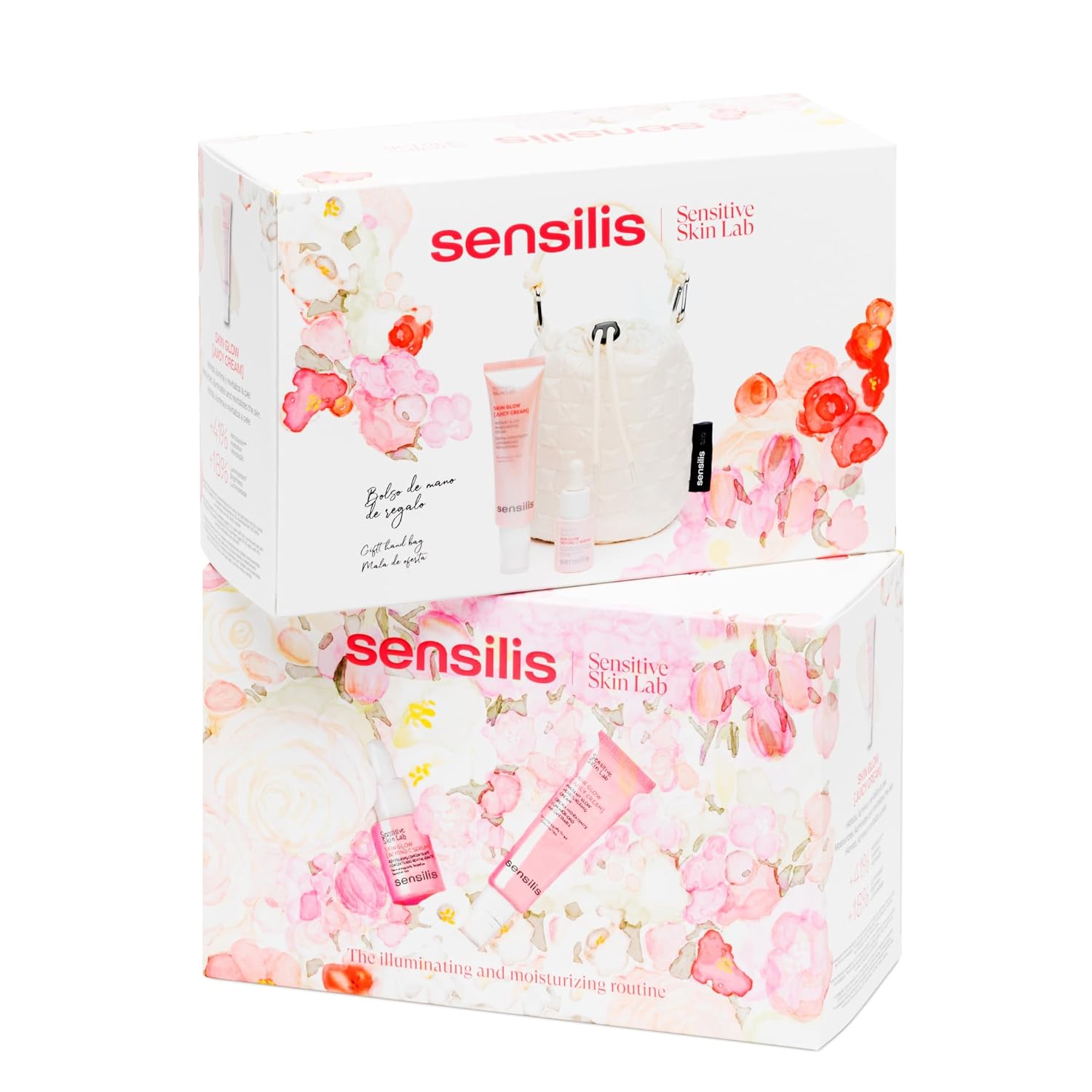 Caja del pack Sensilis Skin Glow con un tarro de 50 ml de Juicy Cream y un frasco de 15 ml de Beyond C Sérum, tratamiento iluminador y revitalizante.