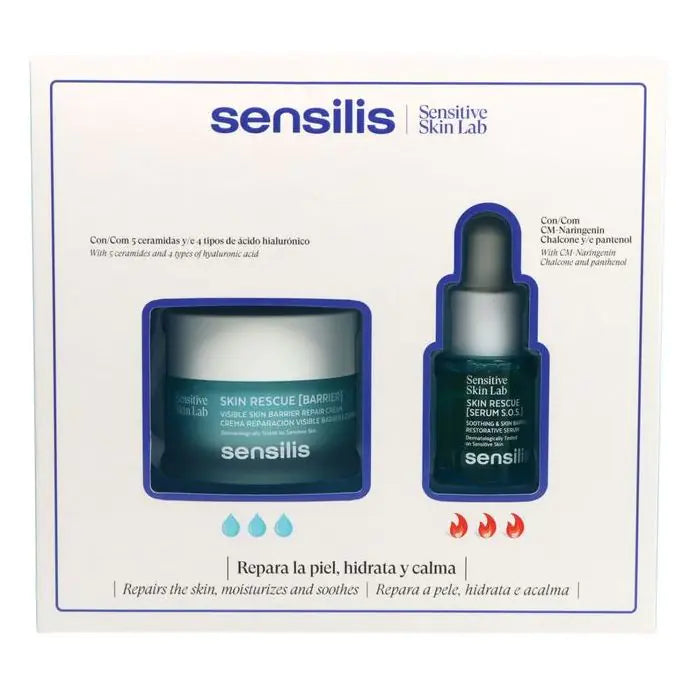 Caja del pack Sensilis Skin Rescue con crema Barrier de 50 ml y Serum S.O.S de 14 ml, tratamiento reparador, calmante y antirrojeces para pieles sensibles.