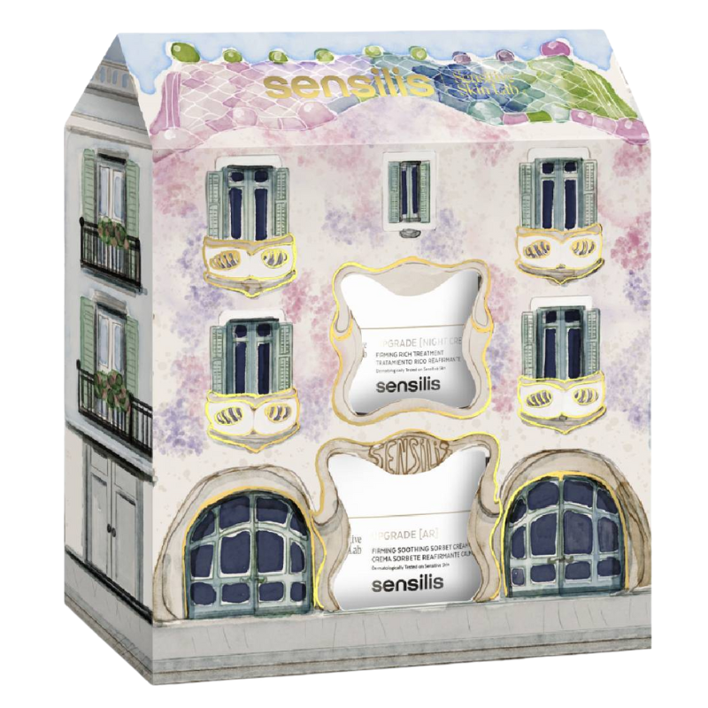 Caja del pack Sensilis Upgrade AR con crema de día de 50 ml y crema de noche de 25 ml, tratamiento antiedad, reafirmante y calmante para pieles sensibles.