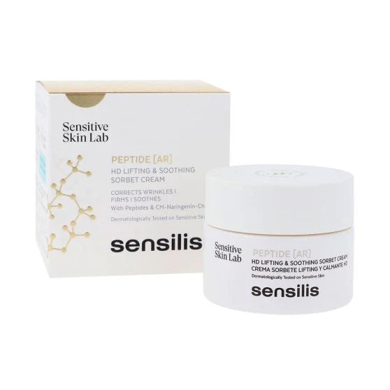 Envase de Sensilis Peptide AR Crema Sorbete de 25ml, con texto explicativo sobre su efecto lifting y acción antiedad.