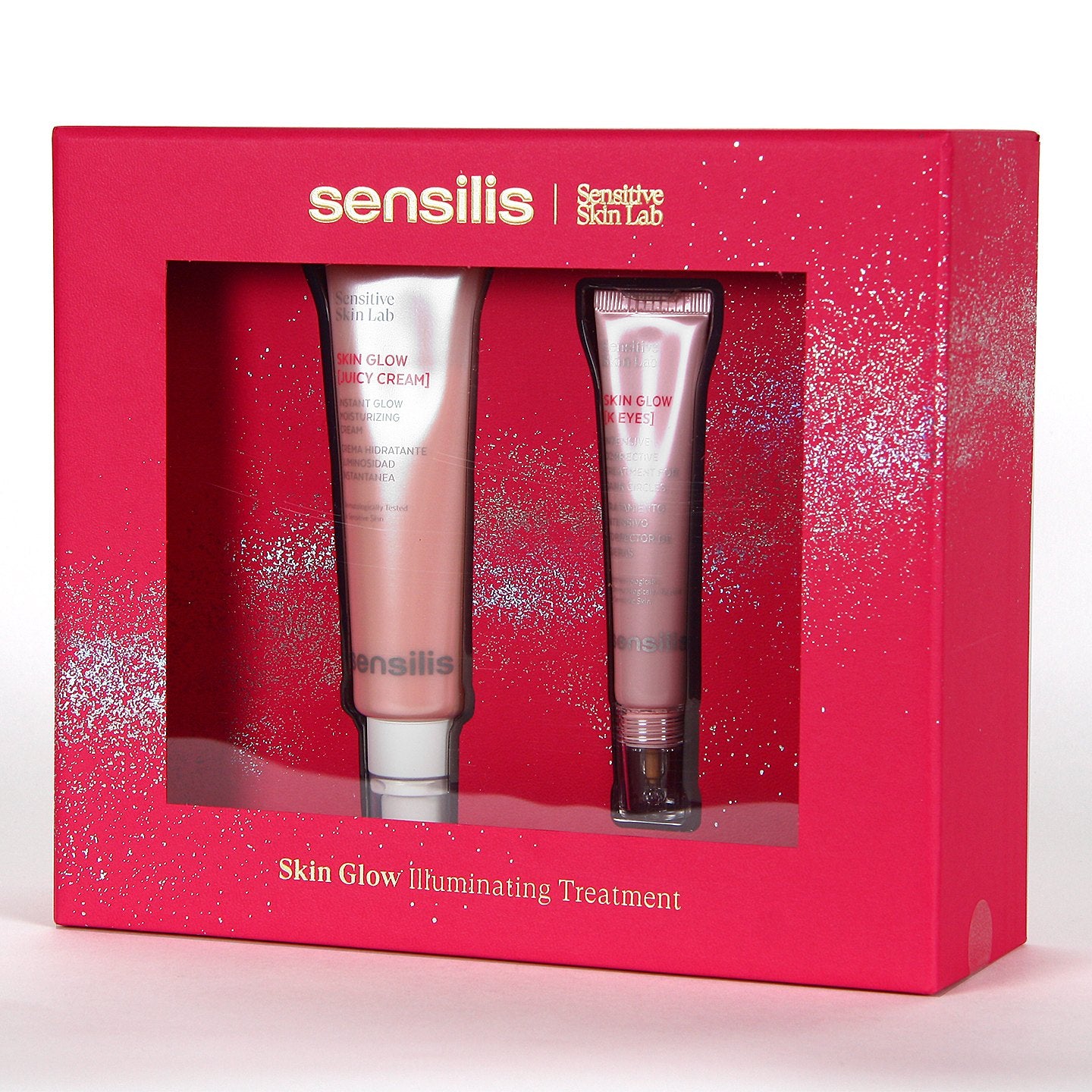 Caja del pack Sensilis Skin Glow con un tarro de 50 ml de Juicy Cream y un tubo de 15 ml de K Eyes, tratamiento iluminador y corrector de ojeras.