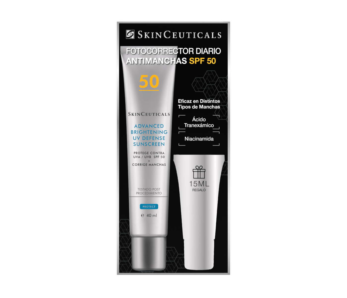 Tubo de 40 ml + Regalo de 15 ml de protector solar SkinCeuticals Advanced Brightening UV Defense SPF 50 con acción correctora de manchas e iluminadora.