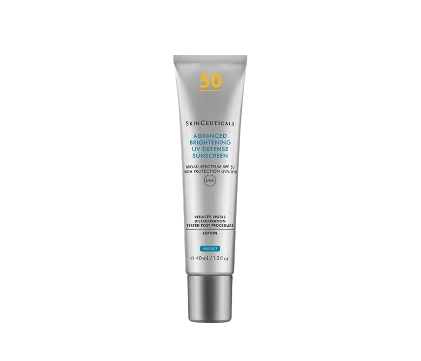 Tubo de 40 ml de protector solar SkinCeuticals Advanced Brightening UV Defense SPF 50 con acción correctora de manchas e iluminadora.