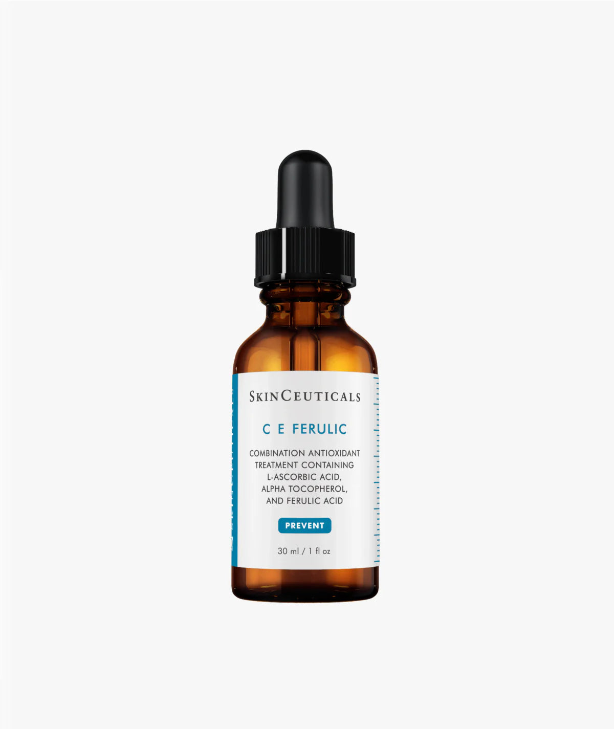 Frasco de 30 ml con cuentagotas de SkinCeuticals C E Ferulic, sérum antioxidante de alta potencia con vitamina C, vitamina E y ácido ferúlico.