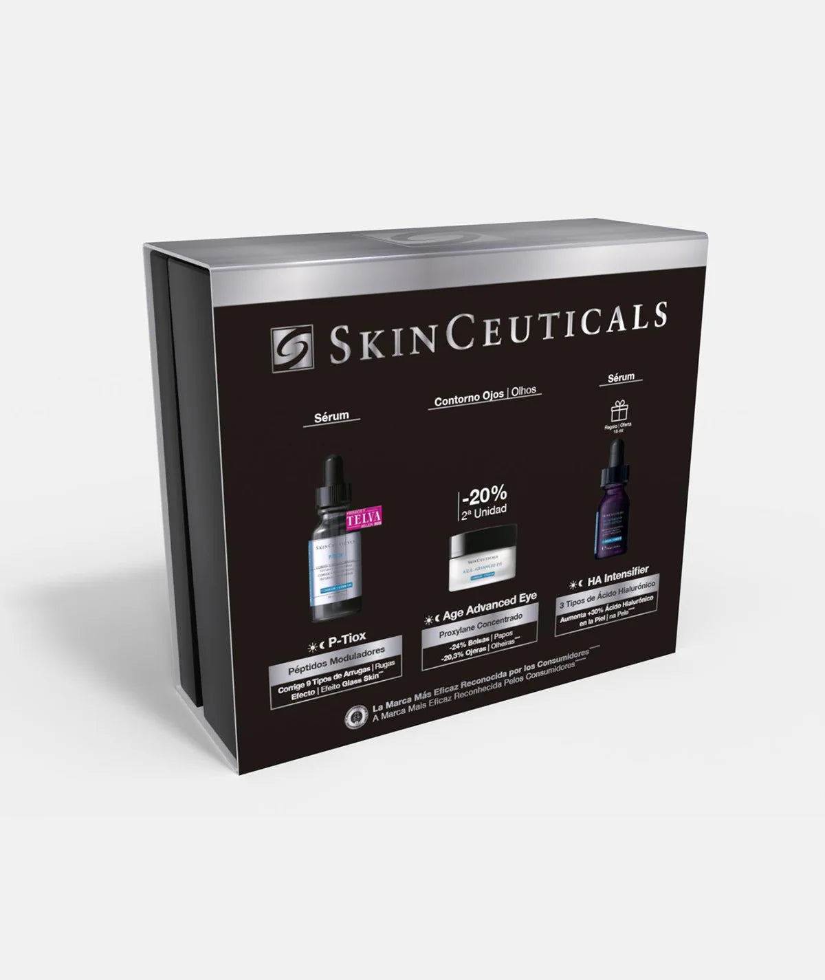 Cofre antiedad Skinceuticals P Tox serum, A.G.E. Advanced Eye y mini H.A. Intensifier para arrugas, ojeras e hidratación.