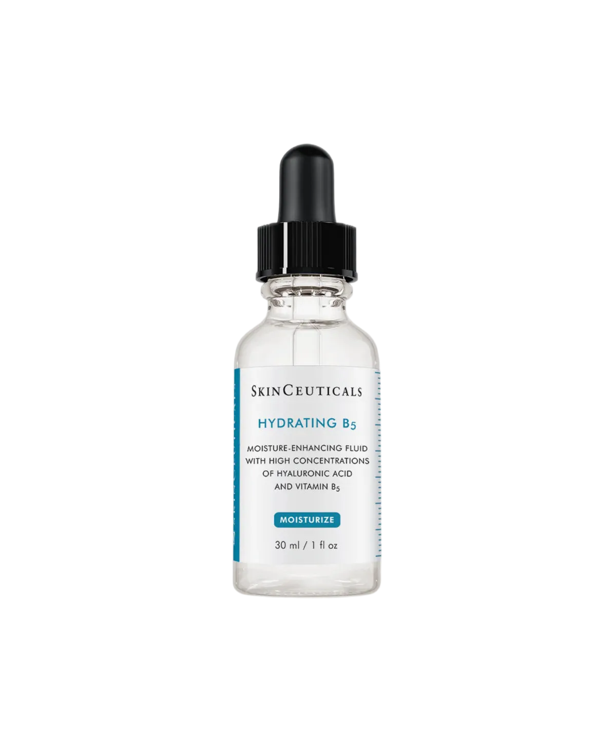 Frasco de 30 ml con cuentagotas de SkinCeuticals Hydrating B5, sérum hidratante libre de aceites con ácido hialurónico para todo tipo de piel.