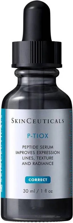 Frasco de 30 ml de SkinCeuticals P-Tiox, sérum avanzado con complejo peptídico, PHA y Niacinamida para la corrección de arrugas de expresión.