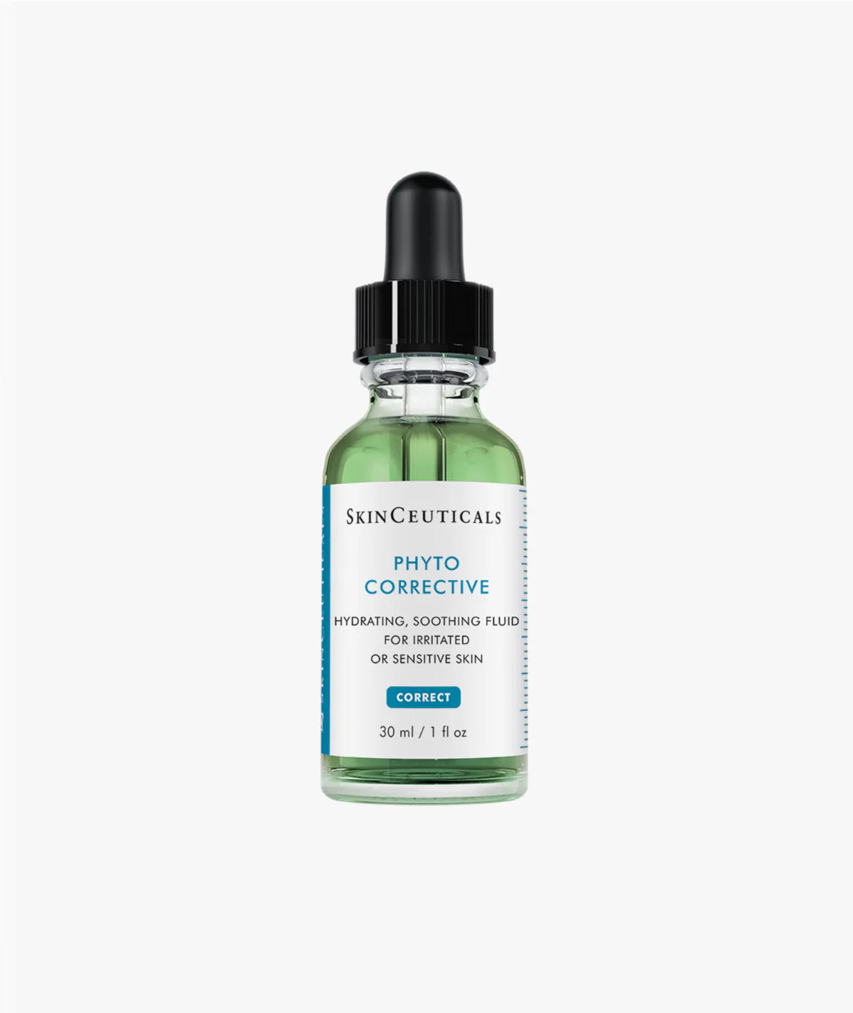 Frasco de 30 ml con cuentagotas de SkinCeuticals Phyto Corrective, sérum calmante e hidratante con ingredientes botánicos para pieles sensibles y con rojeces.