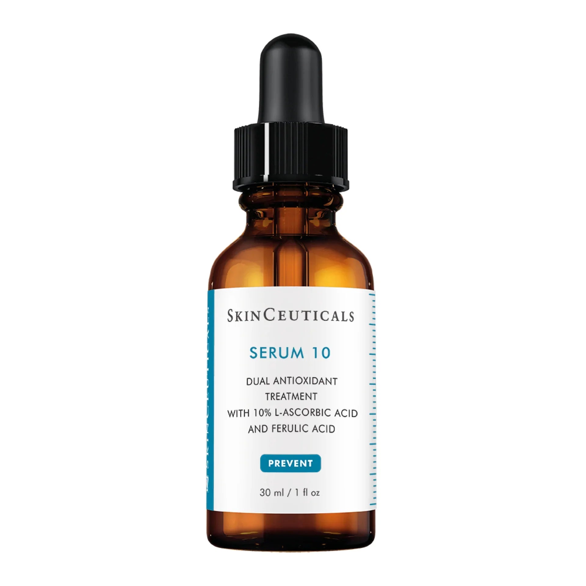 Frasco de 30 ml de SkinCeuticals Serum 10, sérum antioxidante introductorio con un 10% de vitamina C pura y un 0,2% de ácido ferúlico.