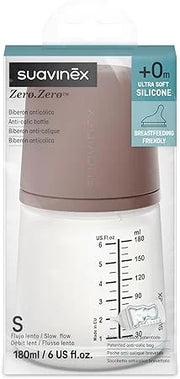 Biberón anticólico Suavinex Zero Zero de 180 ml con tetina de flujo lento S que imita el pezón materno, apto para recién nacidos y prematuros.
