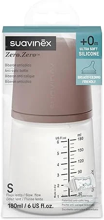 Biberón anticólico Suavinex Zero Zero de 180 ml con tetina de flujo lento S que imita el pezón materno, apto para recién nacidos y prematuros.