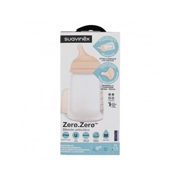 Biberón anticólico Suavinex Zero Zero de 270 ml con tetina de flujo medio que imita el pecho materno, ideal para combinar con lactancia materna.