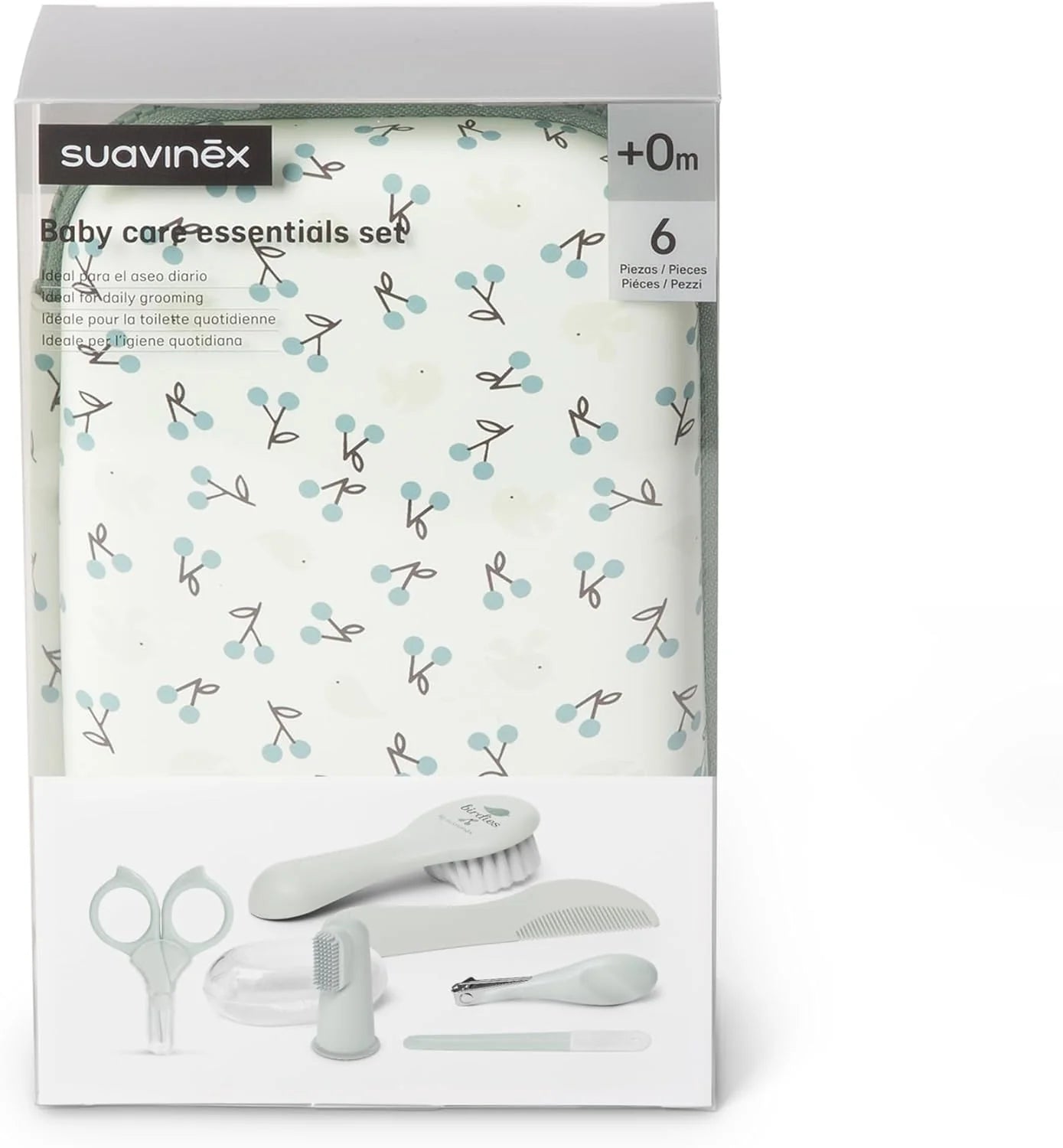 Set de manicura Suavinex verde con peine, cepillo, tijeritas, cortauñas, lima y cepillo dental.